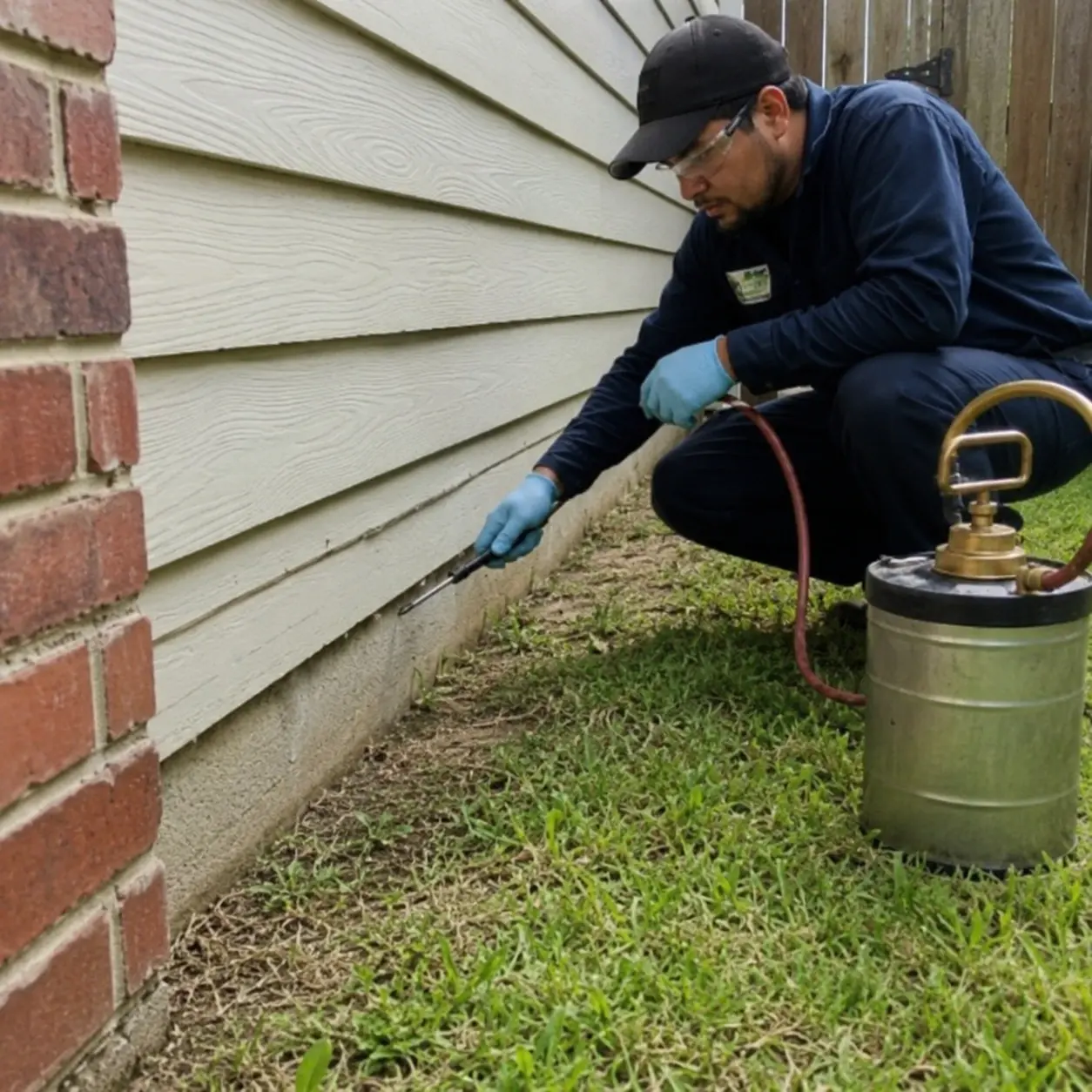 Pest control technician treating a home foundation in Tallahassee, FL
