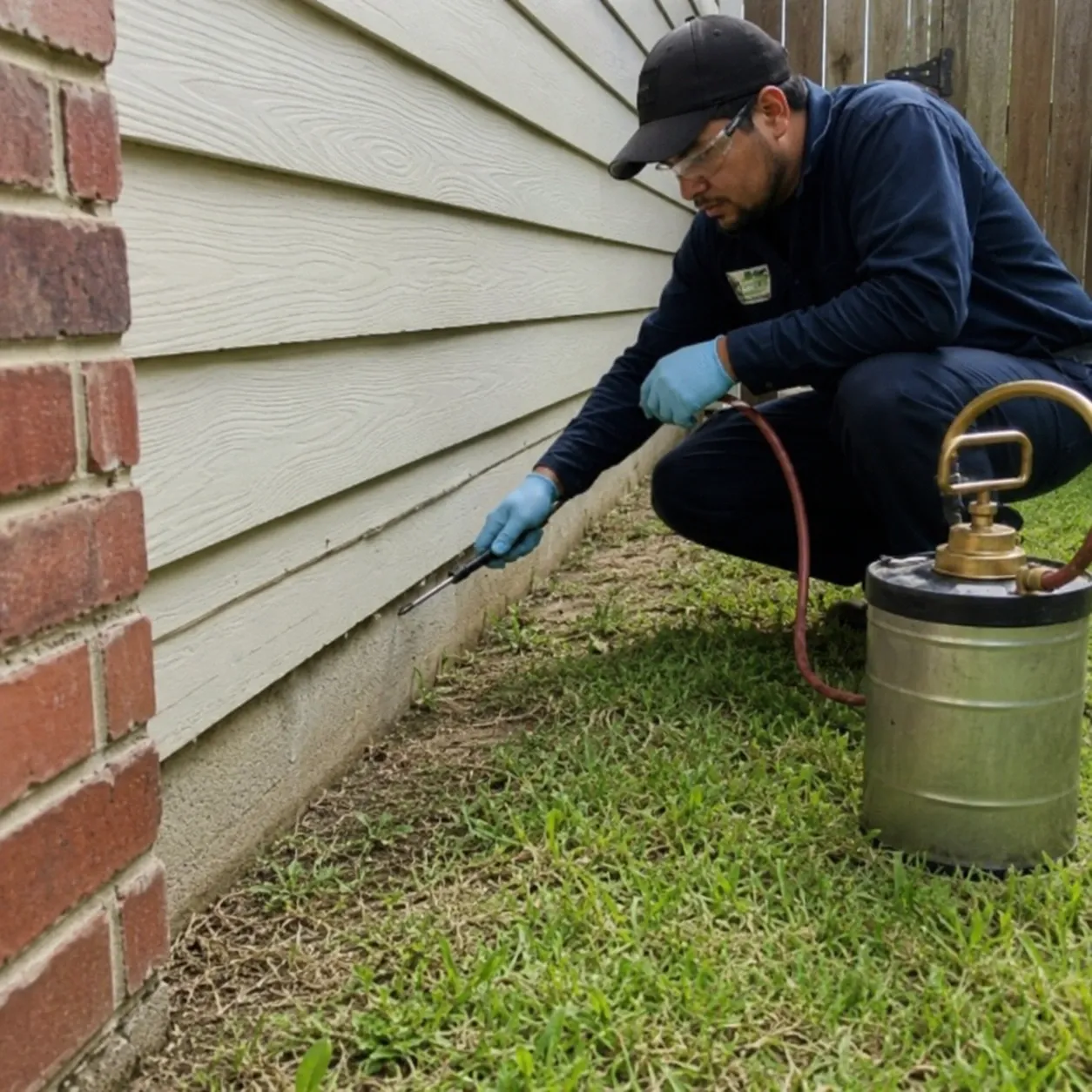 Pest control technician treating a home foundation in Tallahassee, FL